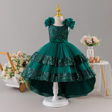 Girls' Sequin Birthday Formal Party Dress with Bow Sequin Suspender Train Princess Dress