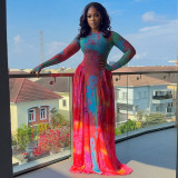 Women Patchwork Print Round Neck Long-Sleeved Dress