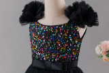 Girls' Sequin Birthday Formal Party Dress with Bow Sequin Suspender Train Princess Dress