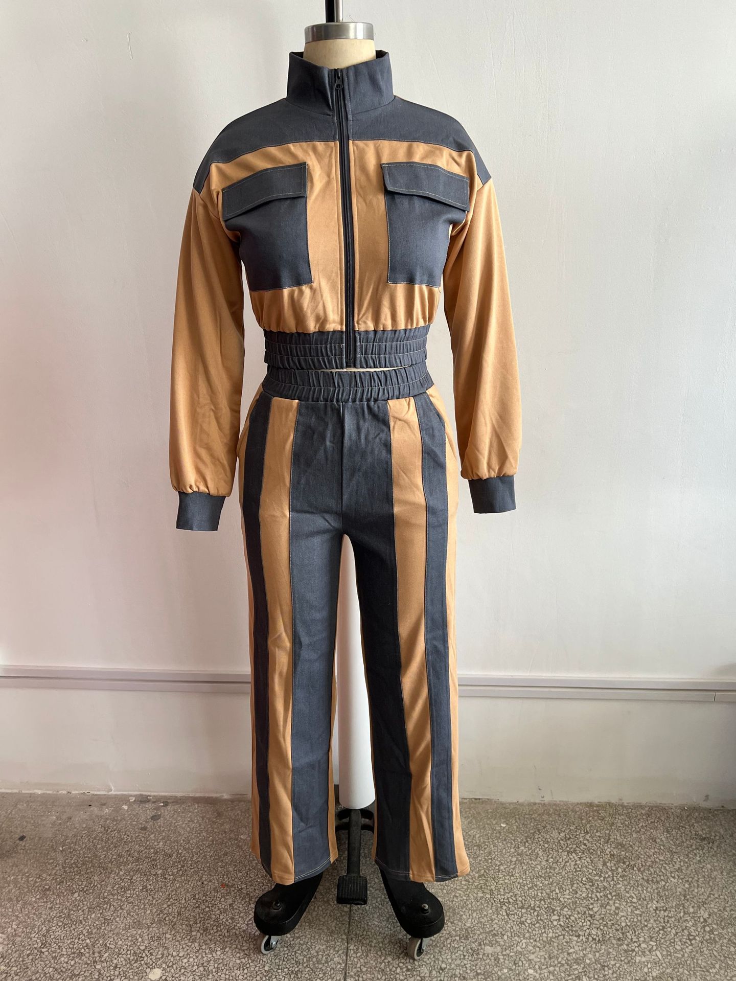 Women Denim Patchwork Pocket Long-Sleeved Top and Pants Two-Piece Set