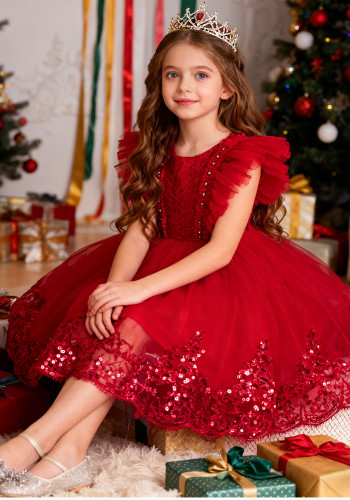 Girls' Red Summer Puffy Tulle Princess Dress