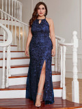 Plus Size Women Halter Neck Slit Sexy Dress