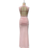 Women Round Neck Sexy Backless Sleeveless Ribbon Bodycon Dress