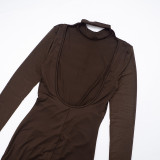 Women Elegant Sexy Backless Dress Long-Sleeve Ribbed Mesh Shawl Two-Piece Set