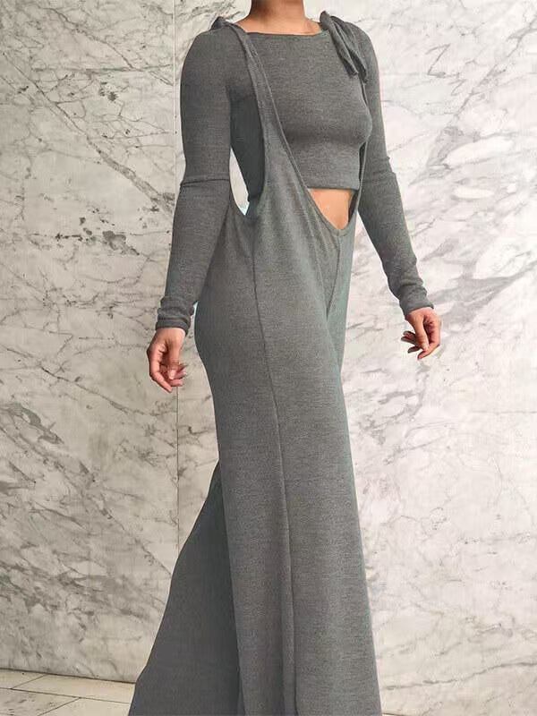 Women Autumn/Winter Solid Long-Sleeved T-Shirt and Wide-Leg Overalls Two-Piece Set