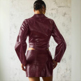 Women PU Leather Jacket Bodycon Skirt Two-Piece Set