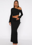 Women Autumn Long-Sleeve Solid One-Shoulder Crop Top and Skirt Two-Piece Set