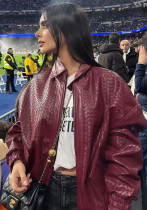 Women Autumn Burgunry Diamond Pattern Turndown Collar Pu-Leather Jacket