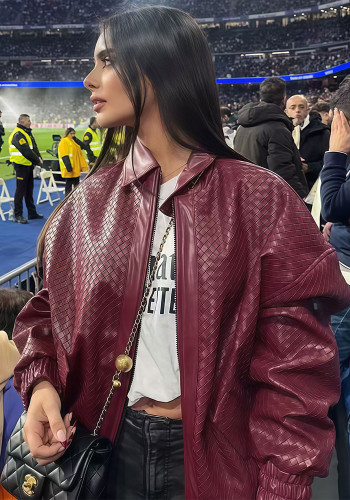 Women Autumn Burgunry Diamond Pattern Turndown Collar Pu-Leather Jacket