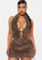 Women Autumn/Winter Furry Collar Lace-Up Backless Top and Skirt Two-Piece Set