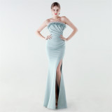Women Strapless Feather Fishtail Formal Party Evening Dress