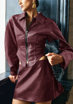 Women PU Leather Jacket Bodycon Skirt Two-Piece Set
