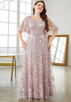 Plus Size Women V-Neck Lace Embroidered Bell Bottom Sleeve Short Sleeve Prom Bridesmaid Dress