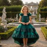 Girls' Sequin Birthday Formal Party Dress with Bow Sequin Suspender Train Princess Dress