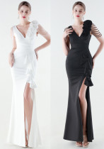 Women Beaded Floral One-Shoulder Ruffled Fishtail Evening Dress