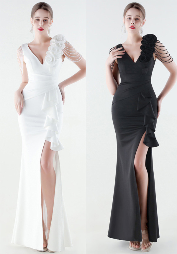 Women Beaded Floral One-Shoulder Ruffled Fishtail Evening Dress