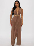 Women Autumn Tie-Waist Halter Neck Sleeveless Top and Pants Two-Piece Set