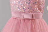 Girls' Sequin Birthday Formal Party Dress with Bow Sequin Suspender Train Princess Dress