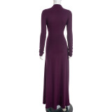 Women Autumn/Winter Solid High-Neck Long-Sleeve Ribbon Gathered Bodycon Skirt