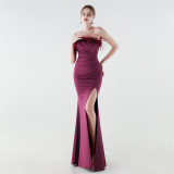 Women Strapless Feather Fishtail Formal Party Evening Dress