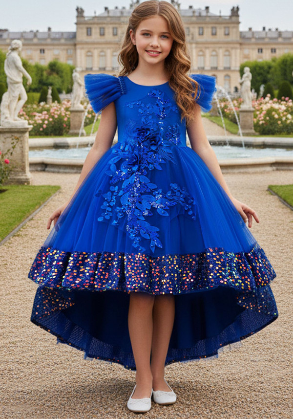 Girls' Mesh Sequin Train Princess Dress