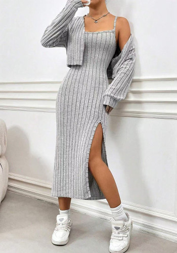 Women Autumn/Winter Long-Sleeved Knitting Slit Dress and Jacket Two-Piece Set