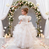 Girls' Birthday Formal Party Puff Sleeve Embroidered Train Cake Princess Dress