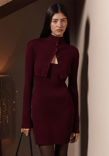 Women autumn/winter long-sleeved camisole dress and top knitting two-piece set