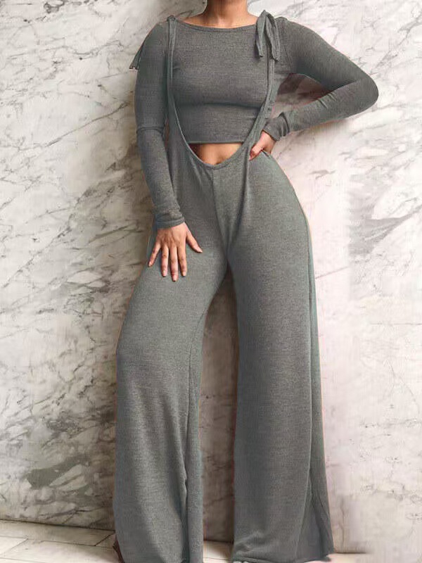 Women Autumn/Winter Solid Long-Sleeved T-Shirt and Wide-Leg Overalls Two-Piece Set