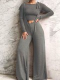 Women Autumn/Winter Solid Long-Sleeved T-Shirt and Wide-Leg Overalls Two-Piece Set