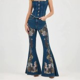 Women American Embroidered Floral Washed Denim Bell Bottom Pants