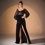 Women Summer Long Sleeve See-Through Sexy Slit Evening Dress