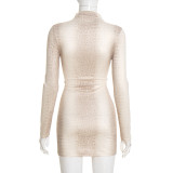 Women Autumn/Winter High-Neck Printed Long-Sleeved Bodycon Mini Dress