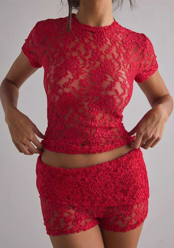 Women Sexy Lace See-Through Round Neck Short-Sleeve T-Shirt Top and Shorts Two-Piece Set