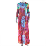 Women Patchwork Print Round Neck Long-Sleeved Dress