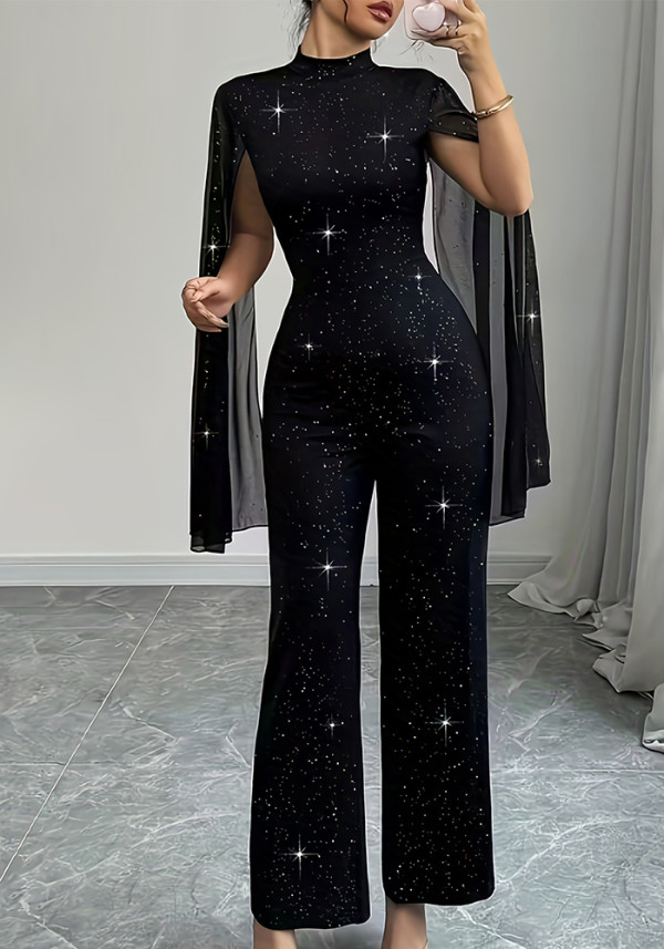 Women Autumn Sequined Long-Sleeve Round Neck Chiffon Lantern Sleeve Patchwork Jumpsuit