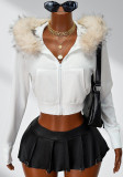 Women American Autumn/Winter Zipper Solid Fur Collar Hooded Crop Jacket
