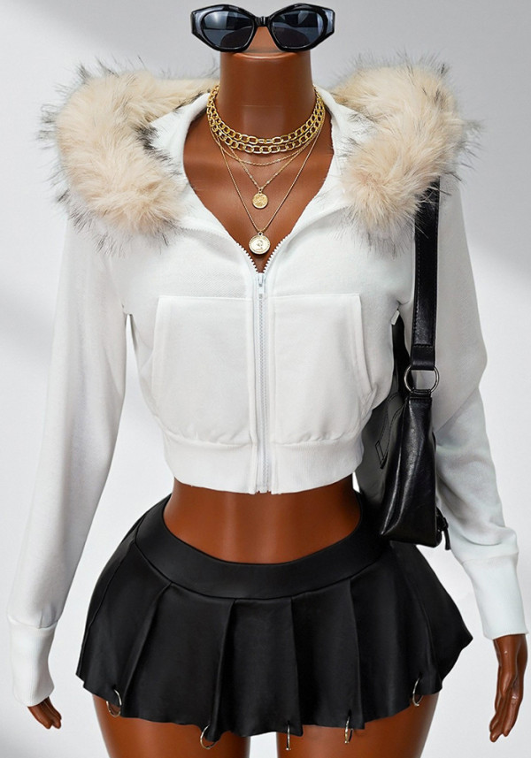 Women American Autumn/Winter Zipper Solid Fur Collar Hooded Crop Jacket