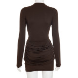 Women Solid Gathered Long-Sleeve Bodycon Dress