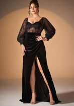 Women Summer Long Sleeve See-Through Sexy Slit Evening Dress