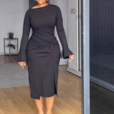 Plus Size Women Elegant Spring/Autumn Solid Knot Zipper Patchwork Dress