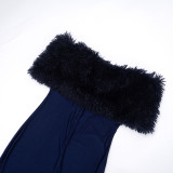 Women Autumn/Winter Off-Shoulder Furry Collar Patchwork Sleeveless Stretchy Cropped Jumpsuit