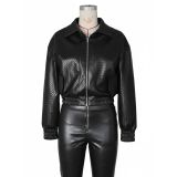 Women Turndown Collar Zipper Pullover Leather Jacket and Shorts Two-Piece Set