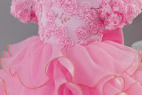Girls' Birthday Formal Party Puff Sleeve Embroidered Train Cake Princess Dress