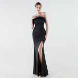 Women Strapless Feather Fishtail Formal Party Evening Dress