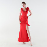 Women Beaded Floral One-Shoulder Ruffled Fishtail Evening Dress