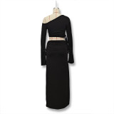 Women Autumn Long-Sleeve Solid One-Shoulder Crop Top and Skirt Two-Piece Set