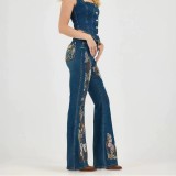 Women American Embroidered Floral Washed Denim Bell Bottom Pants