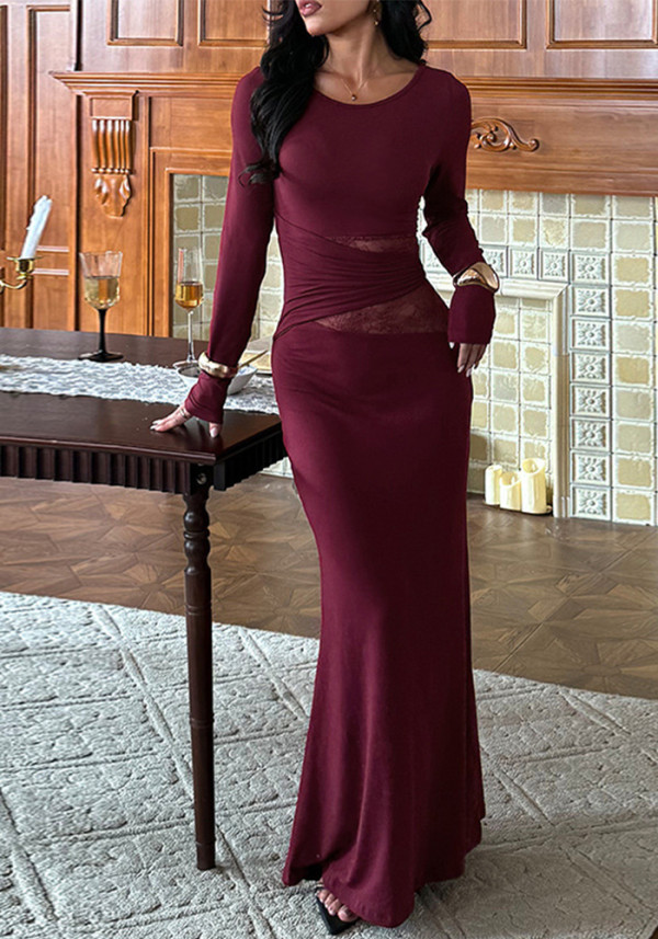 Women Autumn/Winter Round Neck Long-Sleeve Lace Patchwork Bodycon Dress