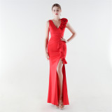 Women Floral One-Shoulder Ruffled Fishtail Evening Dress